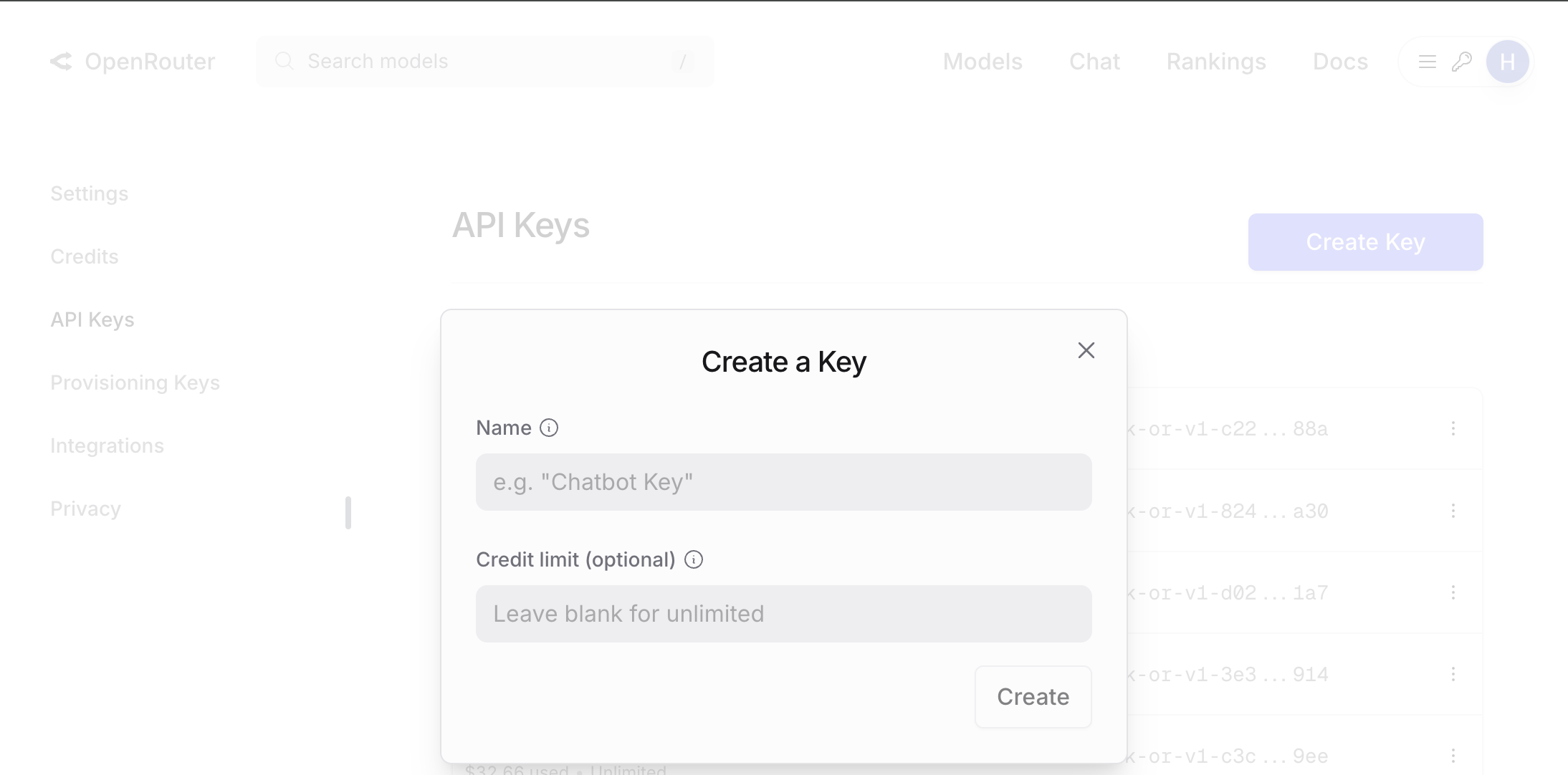 OpenRouter API keys page