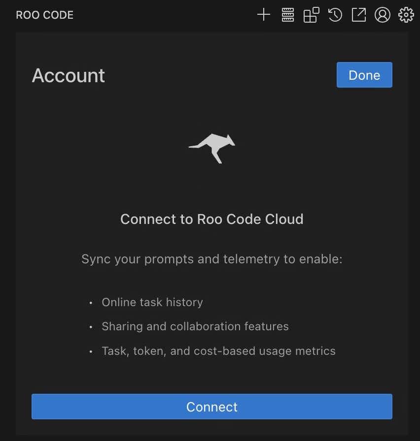 Roo Code Cloud initial connection screen