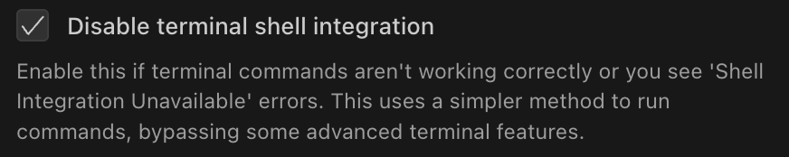 Disable terminal shell integration checkbox